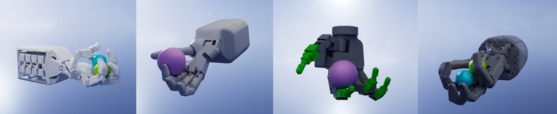 The four robot hands in roto 2.0: ORCA Hand, Shadow Hand Lite, Allegro Hand and Shadow Dexterous Hand.